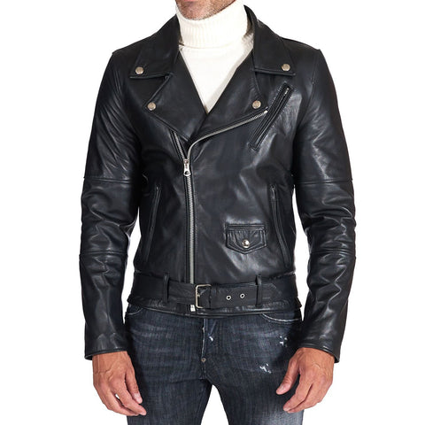 Men's Black belted leather jacket