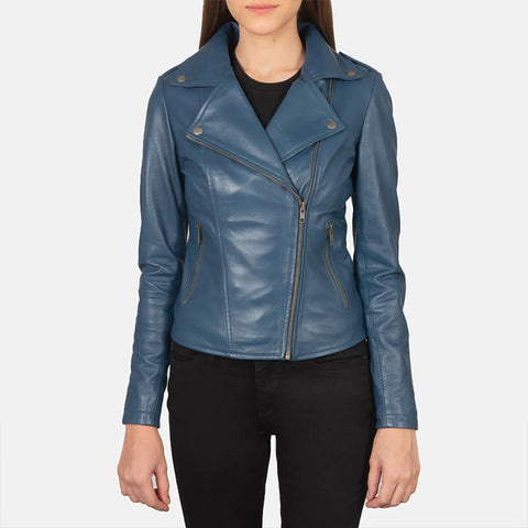 Women's Blue Leather Biker Jacket