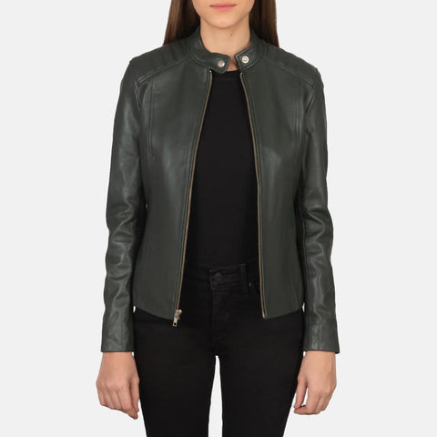 Women's Dark Green Leather Biker Jacket