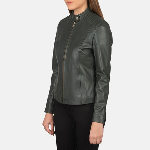 Women's Dark Green Leather Biker Jacket