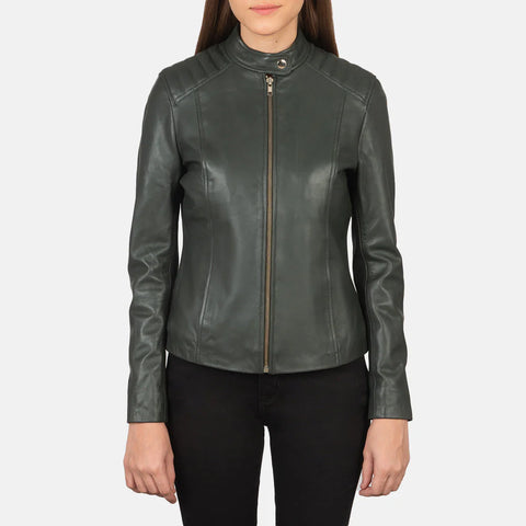 Women's Dark Green Leather Biker Jacket