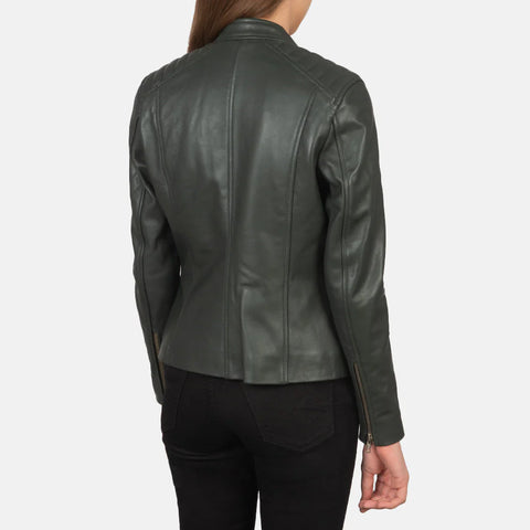 Women's Dark Green Leather Biker Jacket