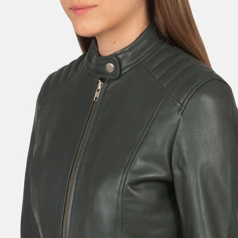 Women's Dark Green Leather Biker Jacket