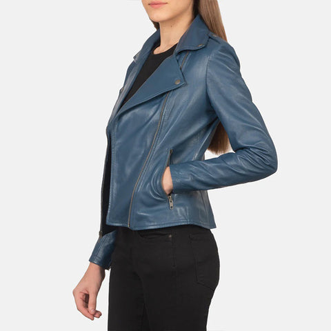 Women's Blue Leather Biker Jacket