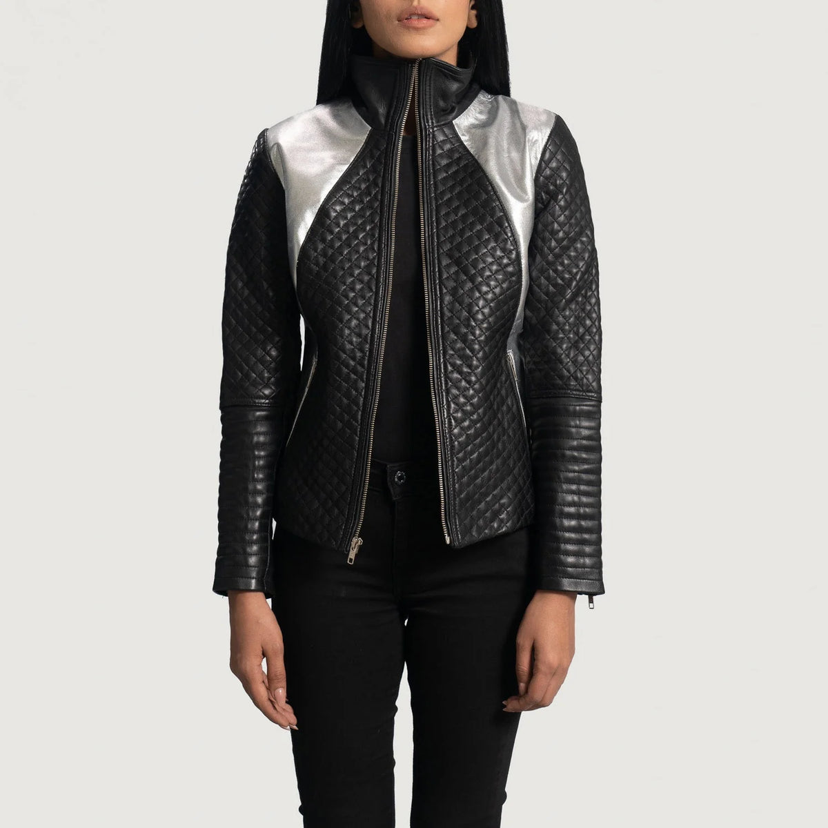 Women's Black & Silver Leather Biker Jacket