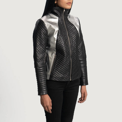 Women's Black & Silver Leather Biker Jacket