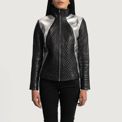 Women's Black & Silver Leather Biker Jacket