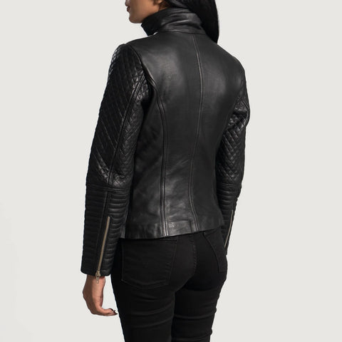 Women's Black & Silver Leather Biker Jacket