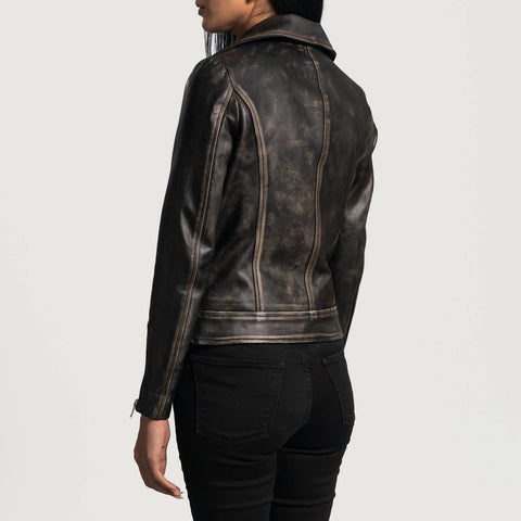 Women Distressed Brown Leather Biker Jacket