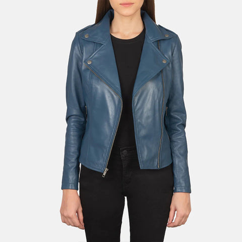 Women's Blue Leather Biker Jacket