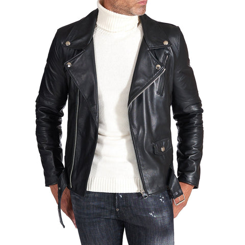 Men's Black belted leather jacket