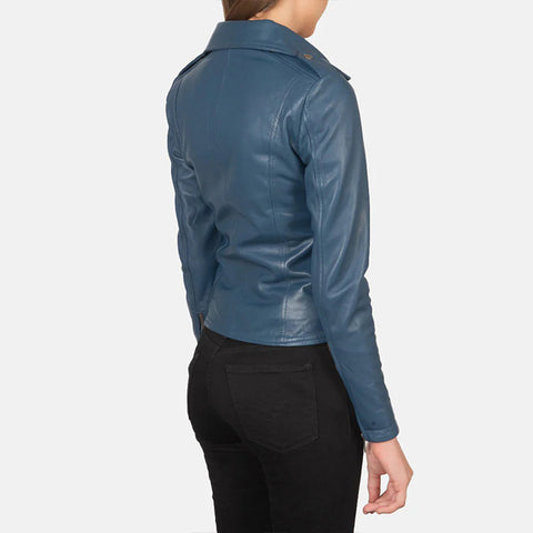 Women's Blue Leather Biker Jacket