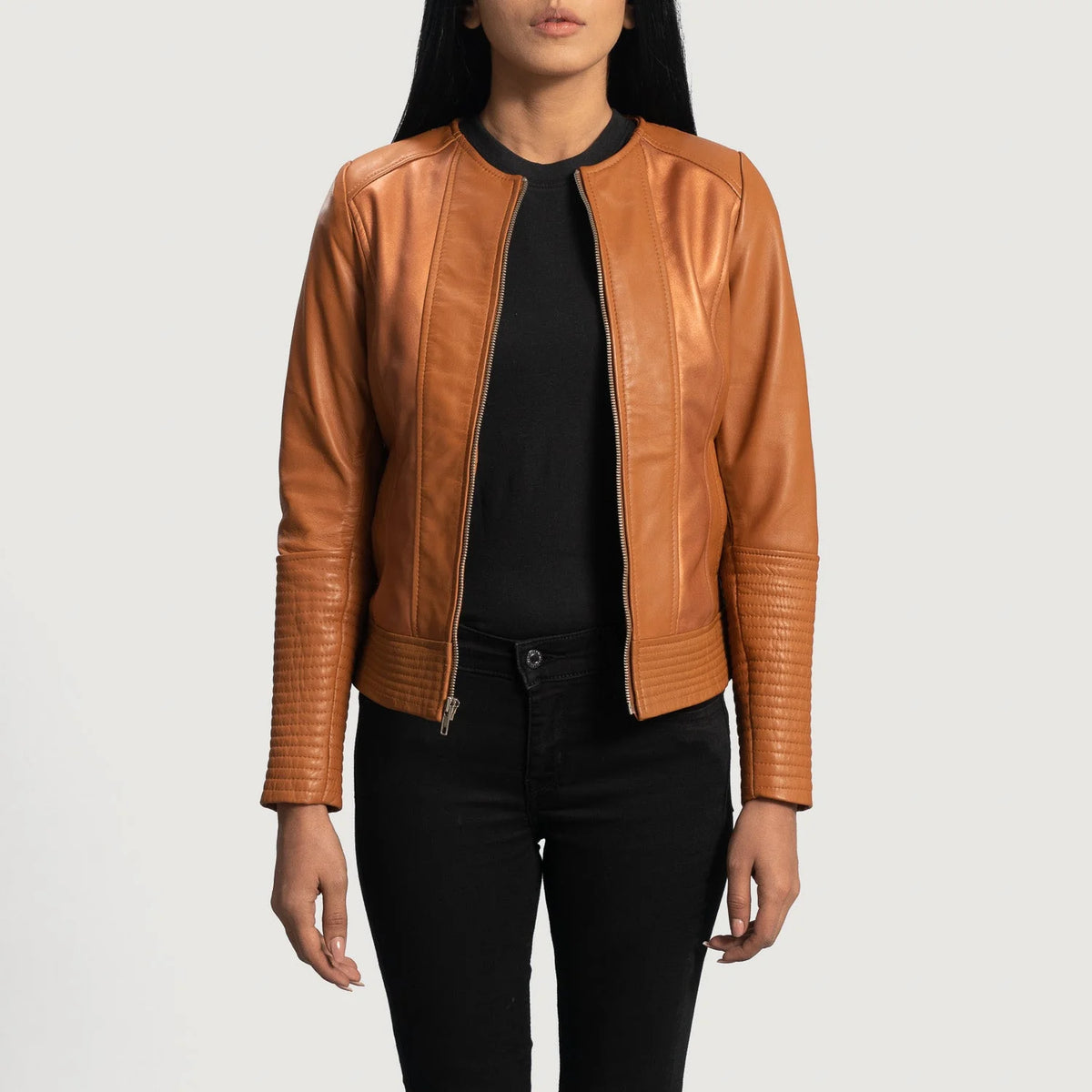 Women's Tan Leather Biker Jacket