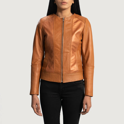 Women's Tan Leather Biker Jacket