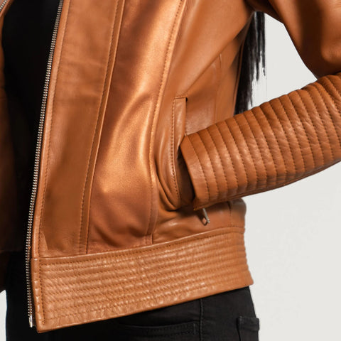 Women's Tan Leather Biker Jacket