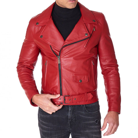 Men's Red belted leather jacket