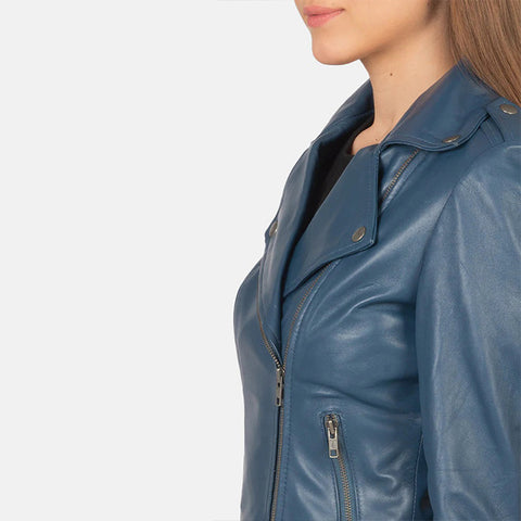 Women's Blue Leather Biker Jacket