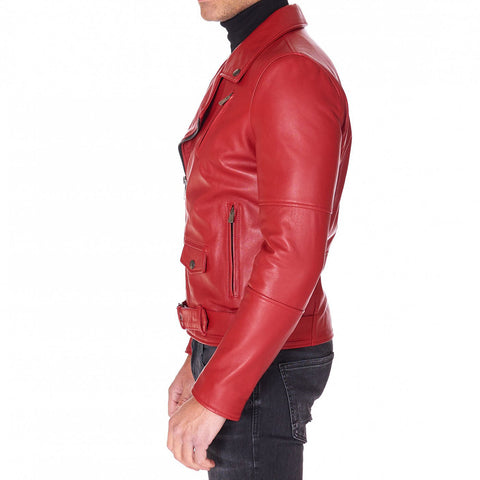 Men's Red belted leather jacket