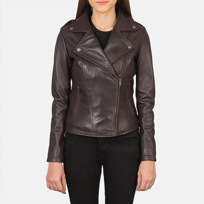 Women's Maroon Leather Biker Jacket