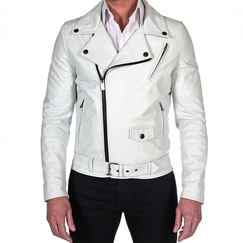 Men's White belted leather jacket