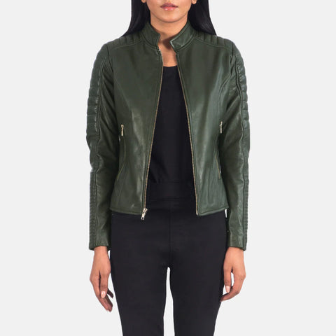 Women's Green Leather Biker Jacket