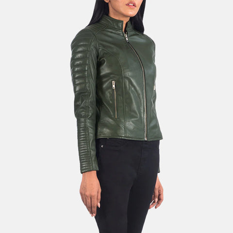 Women's Green Leather Biker Jacket