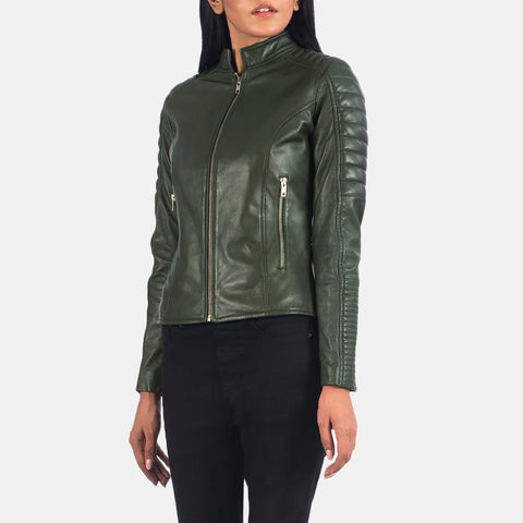 Women's Green Leather Biker Jacket