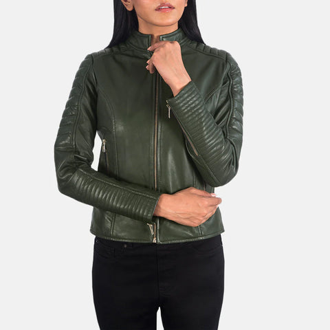 Women's Green Leather Biker Jacket