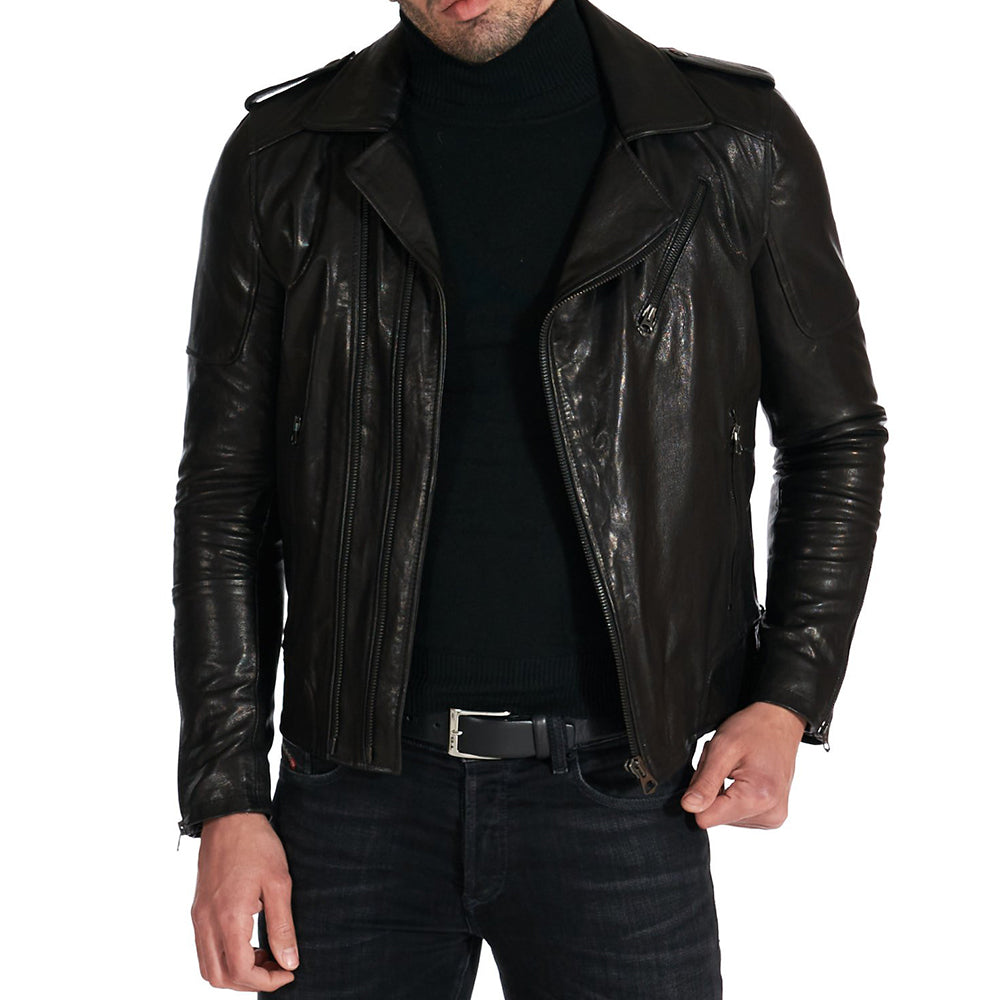 Men's Black leather jacket double functional zipper