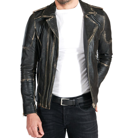 Men's Black vintage leather jacket double functional zipper