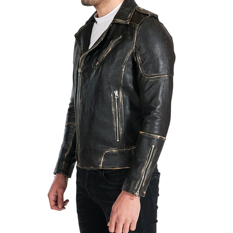 Men's Black vintage leather jacket double functional zipper