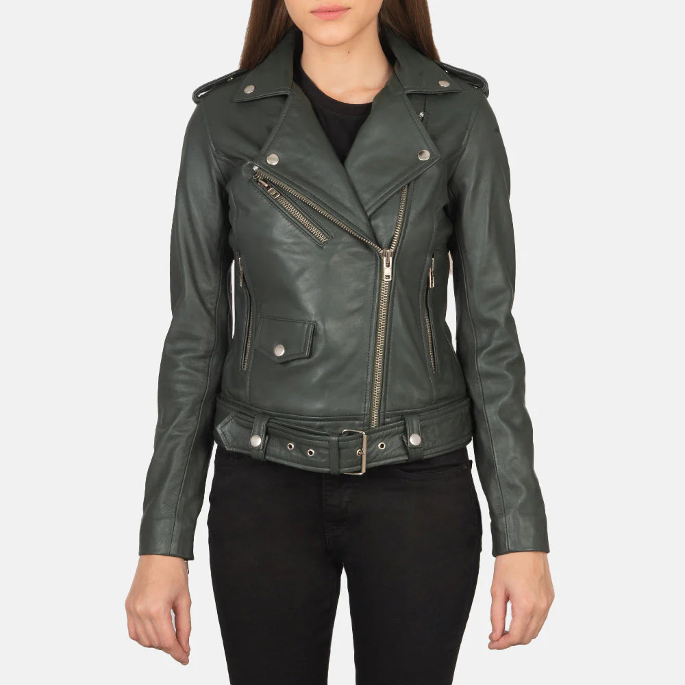 Women's Green Leather Biker Jacket