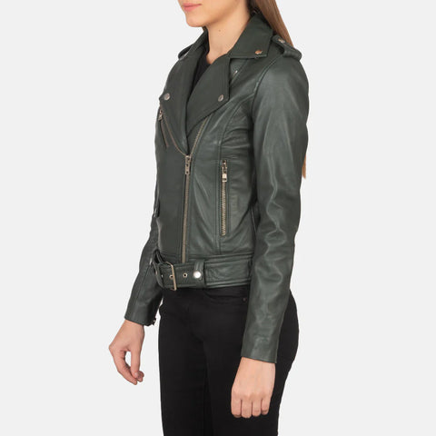 Women's Green Leather Biker Jacket