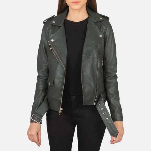 Women's Green Leather Biker Jacket