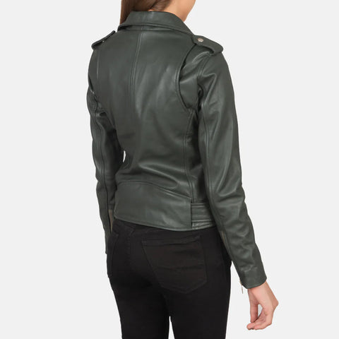 Women's Green Leather Biker Jacket