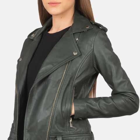 Women's Green Leather Biker Jacket