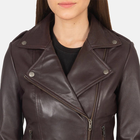 Women's Maroon Leather Biker Jacket