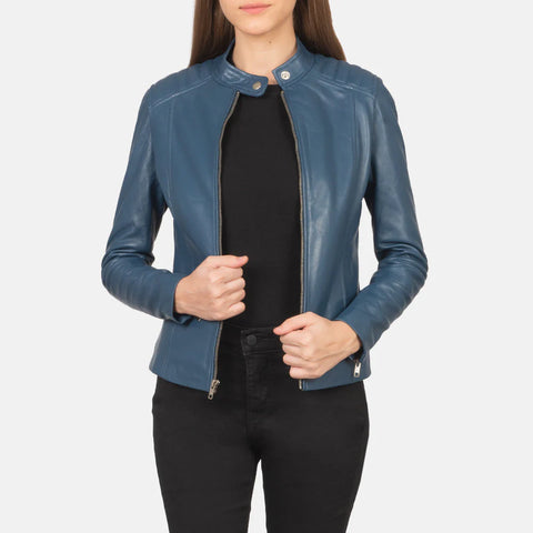 Women's Blue Leather Biker Jacket