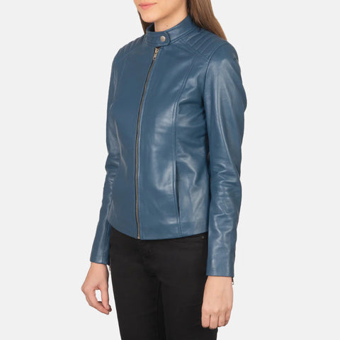 Women's Blue Leather Biker Jacket