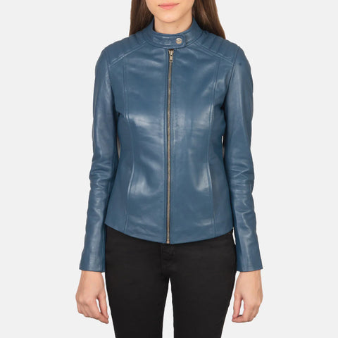 Women's Blue Leather Biker Jacket