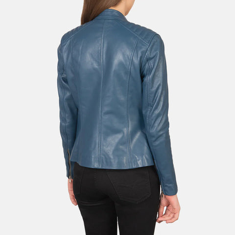 Women's Blue Leather Biker Jacket