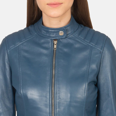 Women's Blue Leather Biker Jacket