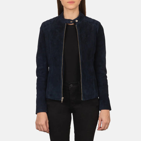 Women's Navy Blue Suede Biker Jacket