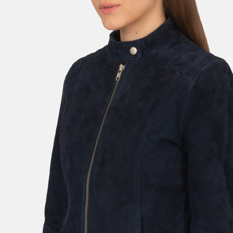 Women's Navy Blue Suede Biker Jacket