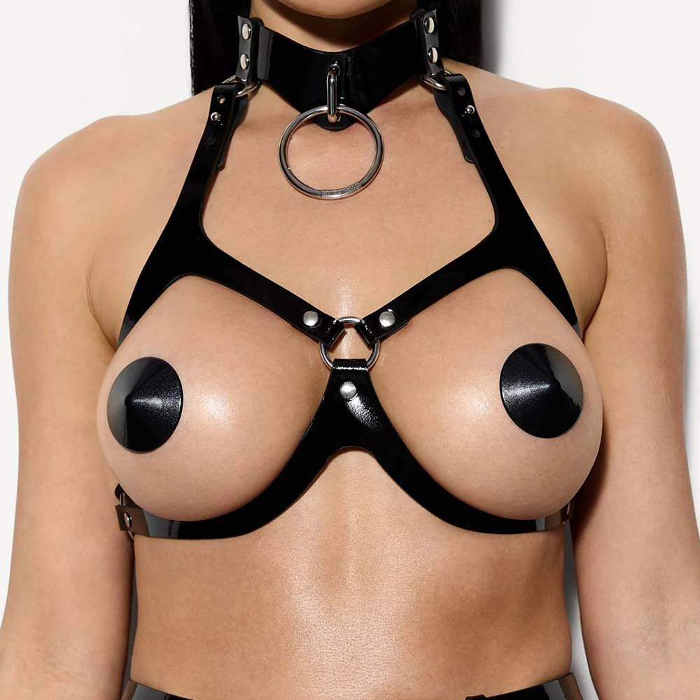 Black Leather Ouvert Bra in Lacquer Leather