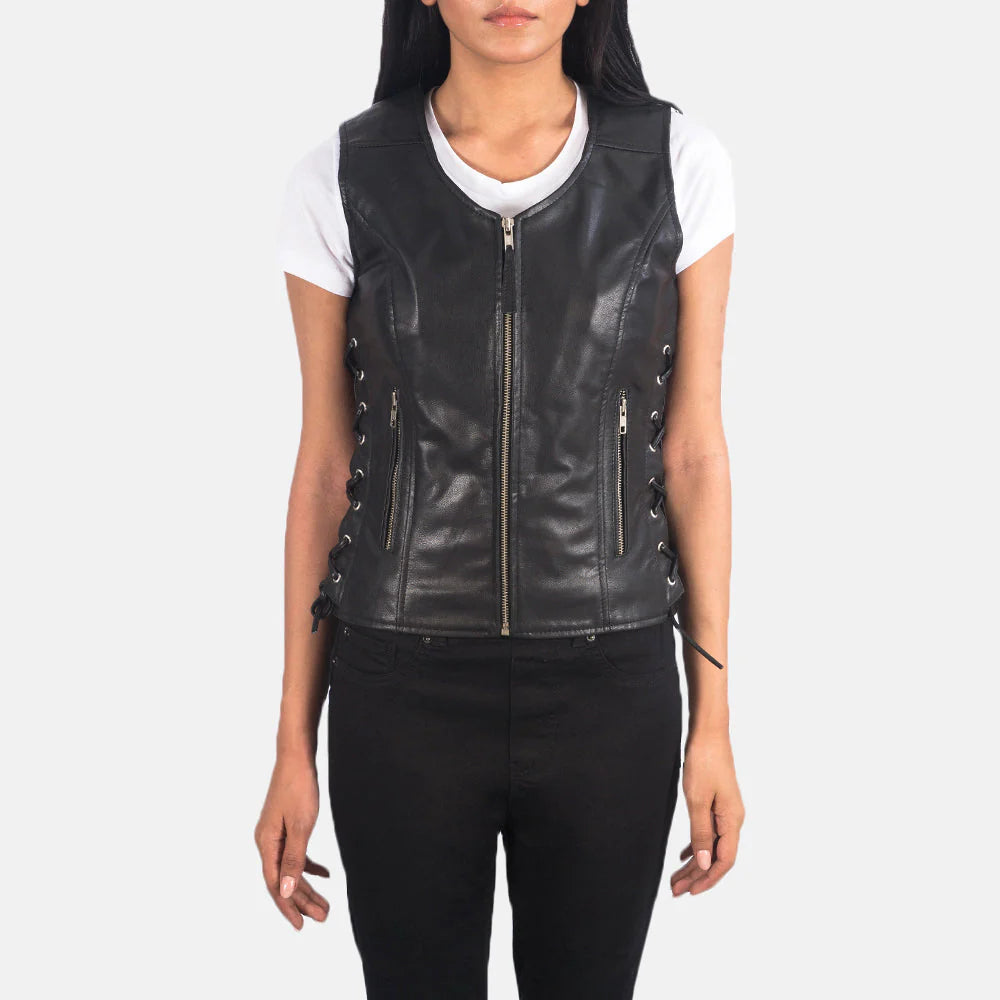 Women's Black Leather Biker Vest