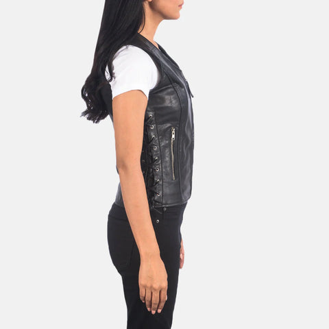 Women's Black Leather Biker Vest