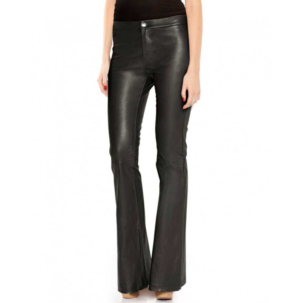 Women's Black High Waist Flared Leather Pant