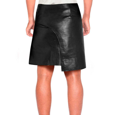 Stylish Black Leather Kilt with Side Buckle Tabs