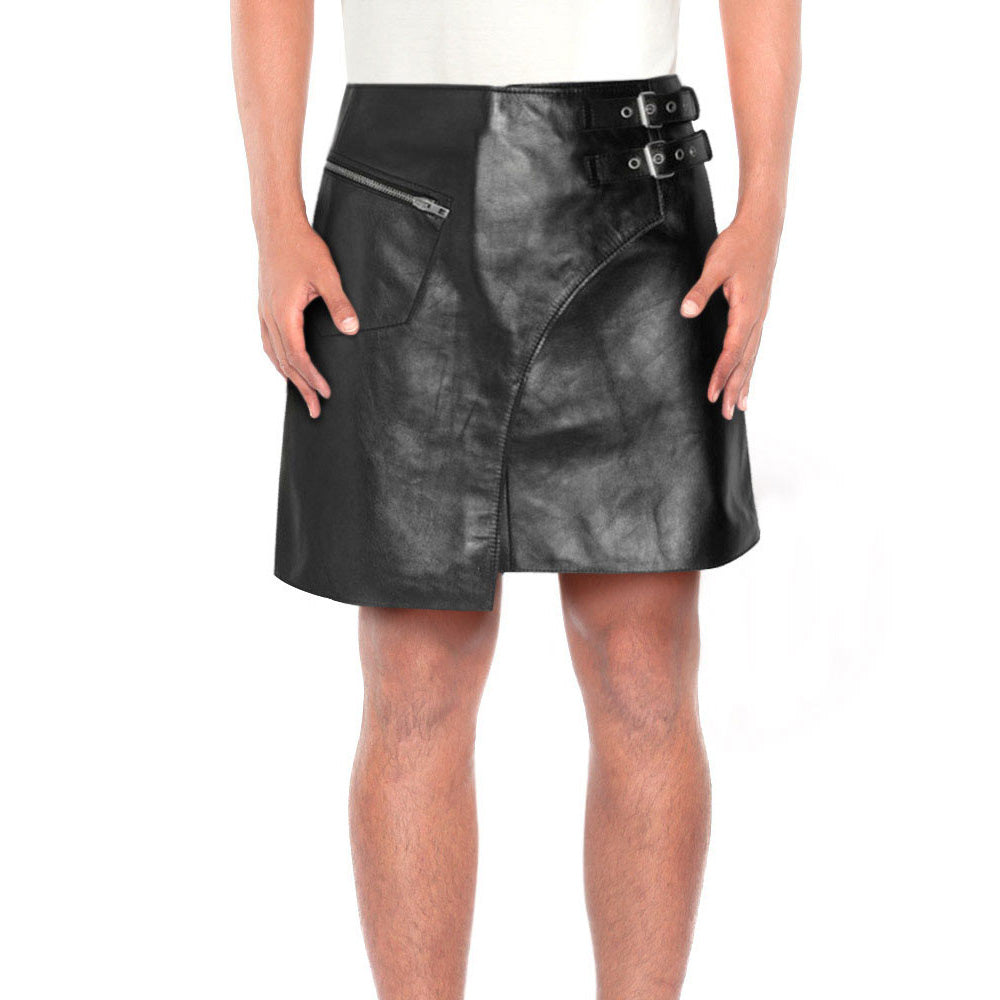 Stylish Black Leather Kilt with Side Buckle Tabs